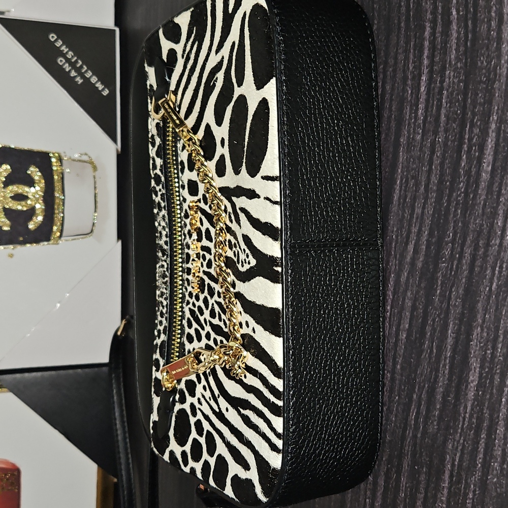 Michael Kors Black and White Zebra Print Crossbody Bag with Gold Chain - Picture 7 of 14